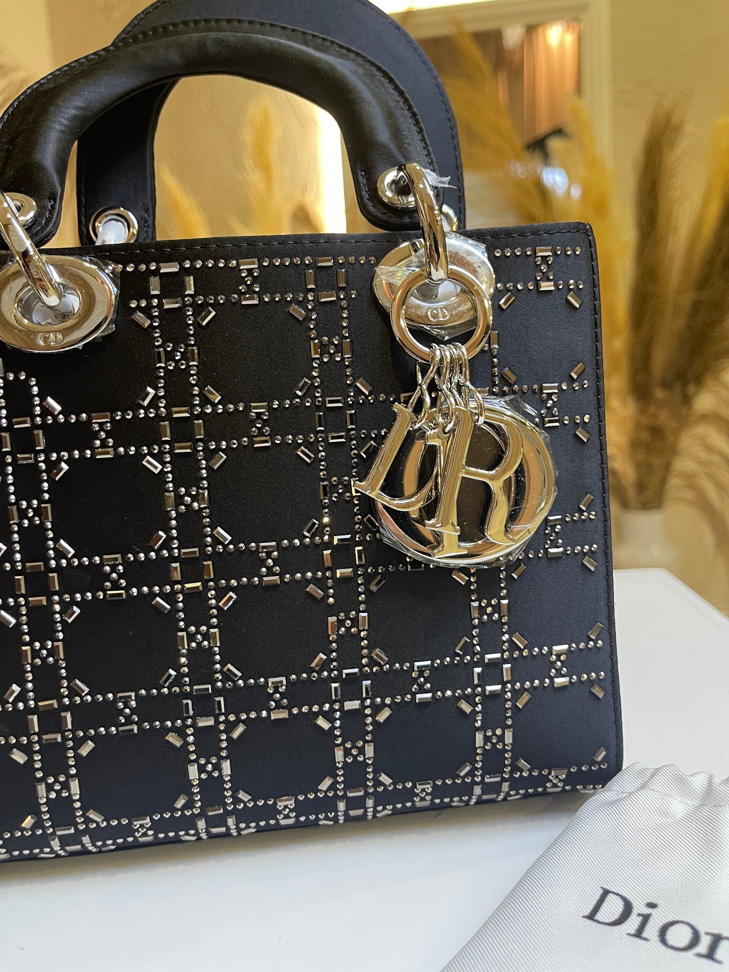 Mini Lady Dior Bag Black Strass Cannage Satin