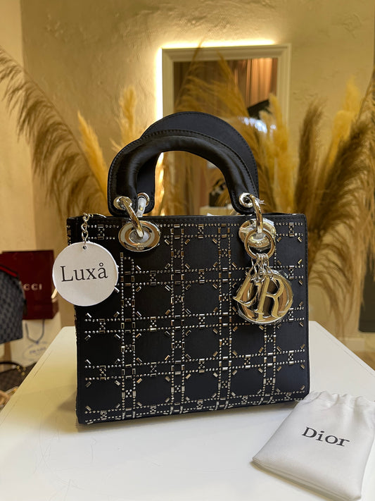 Mini Lady Dior Bag Black Strass Cannage Satin